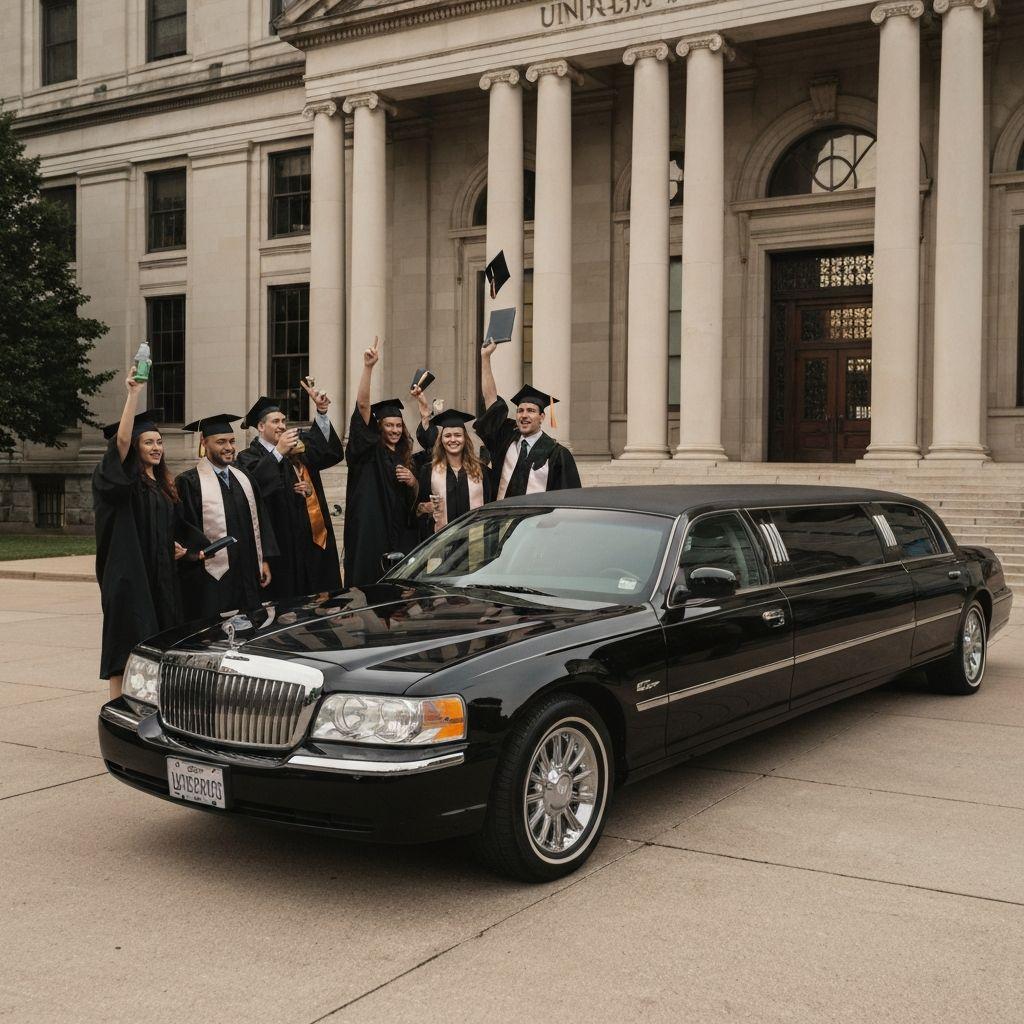 Graduates with a stretch limousine outside a university building
