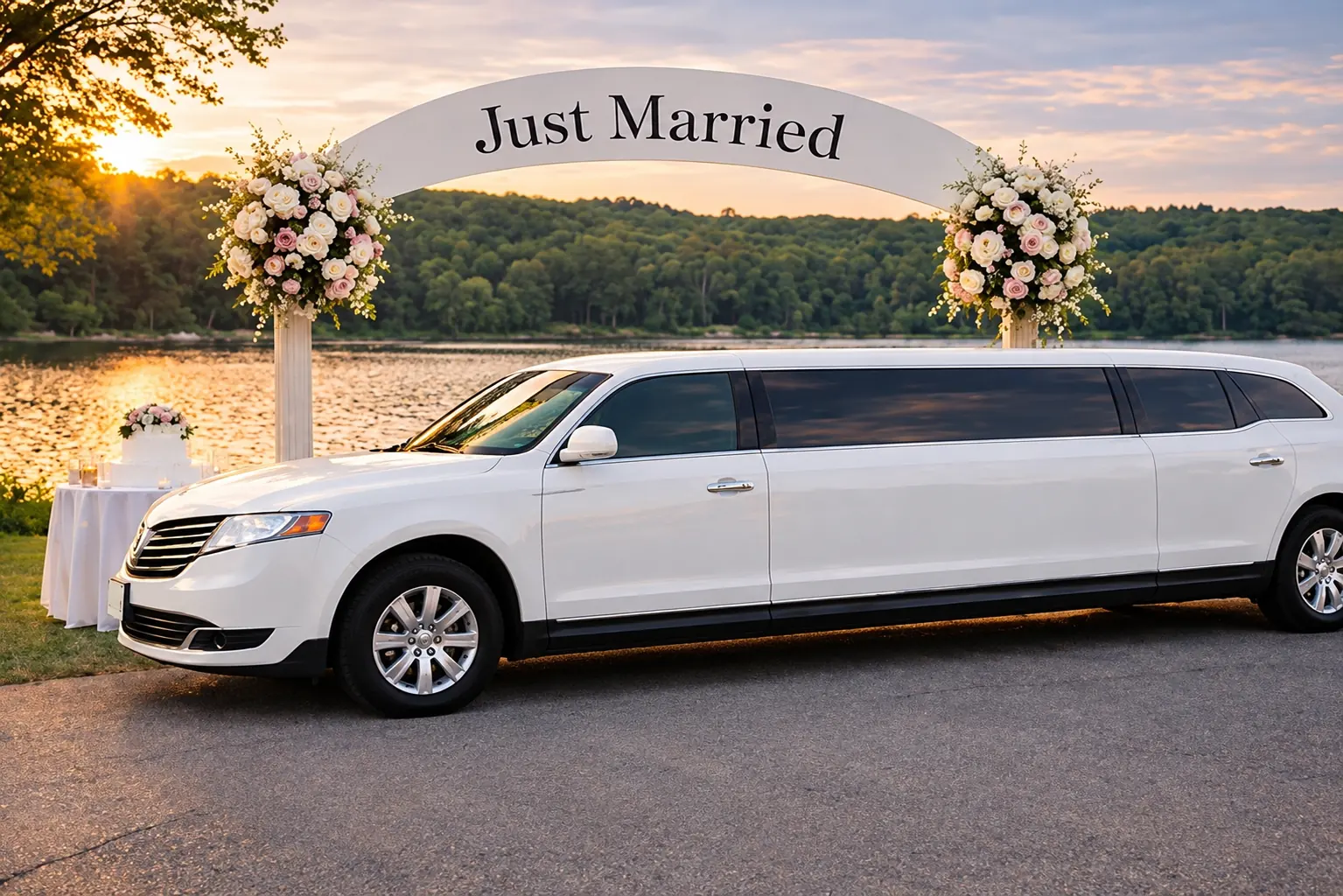 EaseLimo chauffeur for a Houston wedding — just-married couple at sunset