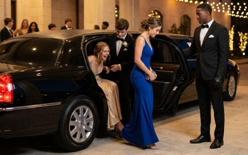 Chauffeur holding the door for students in formal wear