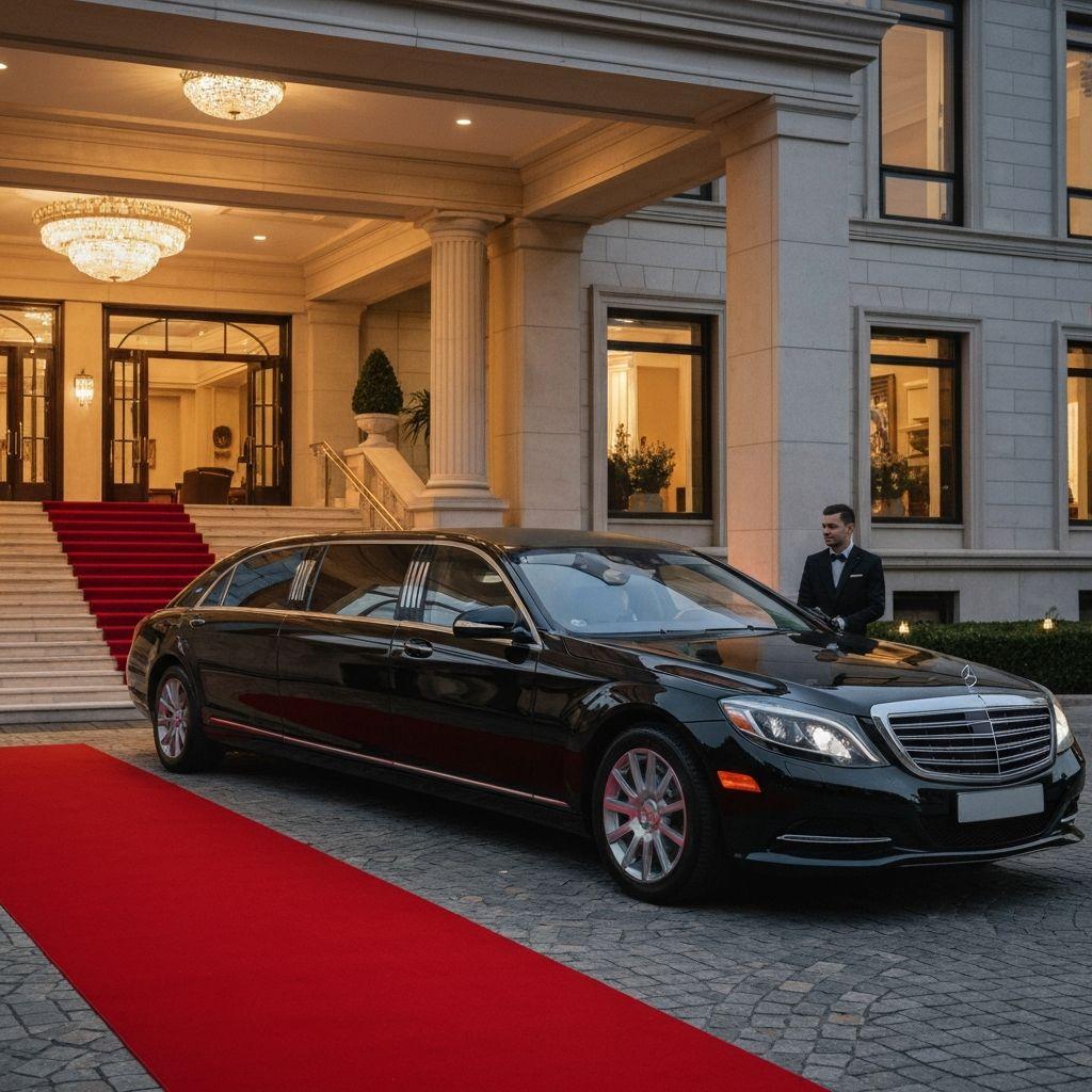 Black chauffeur sedan on a red carpet at a formal entrance