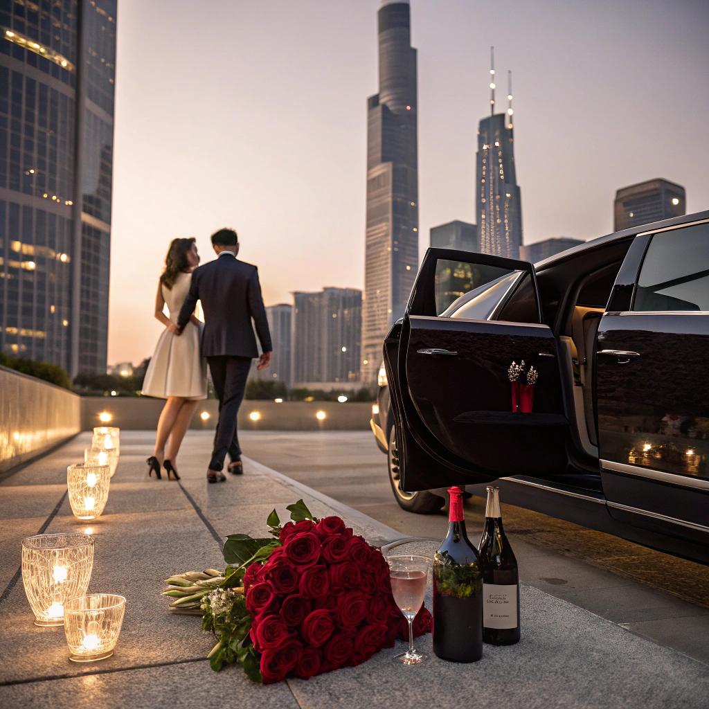 Couple on a city terrace with a chauffeur sedan, roses, and champagne